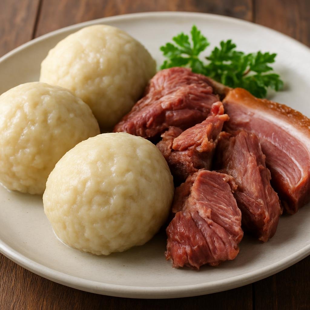 Entree: Norway – Norwegian Coastal Seafood – Raspeballer with Salted Lamb (Potato dumplings served with salted lamb and cured pork) recipe