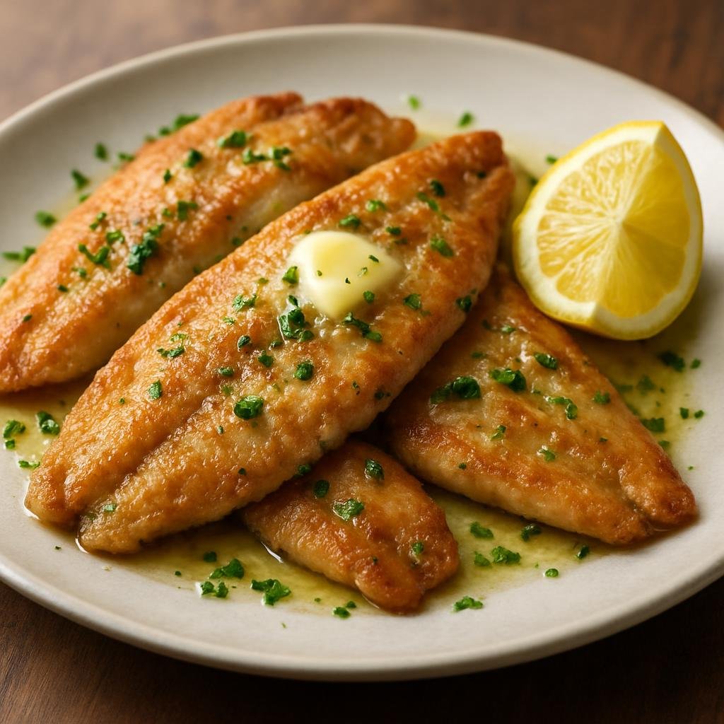 Entree: Switzerland – French Swiss – Filets de Perche (Pan-fried lake perch fillets in butter with lemon and parsley) recipe