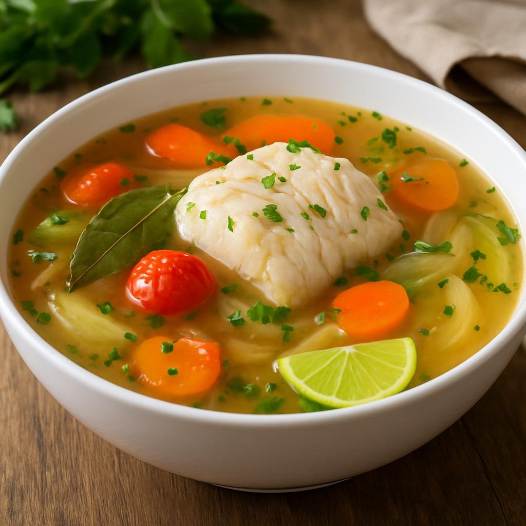 Entree: Guadeloupe – Northern Culinary Region – Court-Bouillon de Poisson (Aromatic Caribbean poaching broth used to gently cook firm fish, flavoured with vegetables, herbs, and an acidic element) recipe