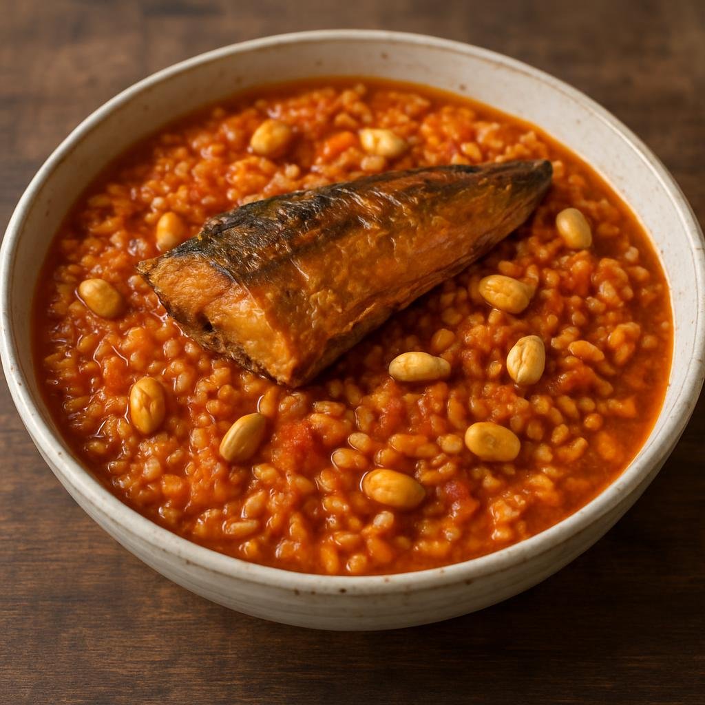 Entree: Guinea-Bissau – Northern Culinary Region – Arroz de Hauçá (Savory Bissau-Guinean rice cooked in a rich palm-oil, tomato, and groundnut stew with smoked fish) recipe