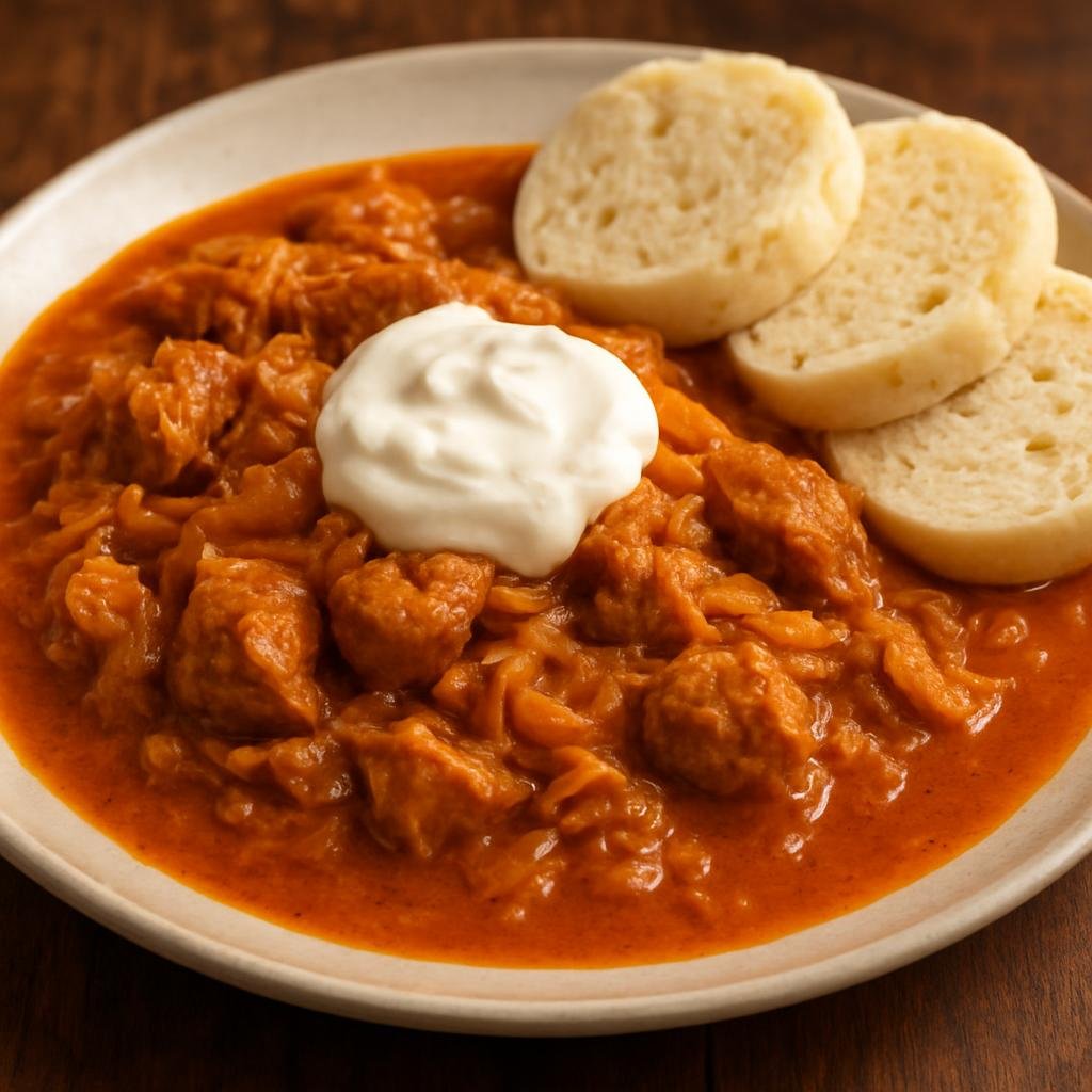 Entree: Slovakia – Northern Culinary Region – Segedínsky Guláš (Pork and sauerkraut goulash stewed with paprika-spiced gravy and finished with sour cream) recipe