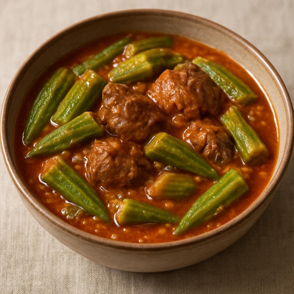 Entree: South Sudan – Northern Culinary Region – Bamia (Okra and meat stew simmered in a spiced tomato sauce) recipe