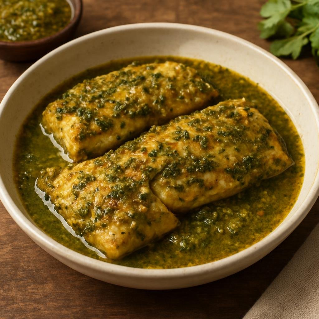 Entree: Western Sahara – Northern Culinary Region – سمك بالشرمولة ➤ Samak bil-Chermoula (White fish marinated and cooked in a North African herb and spice chermoula sauce) recipe