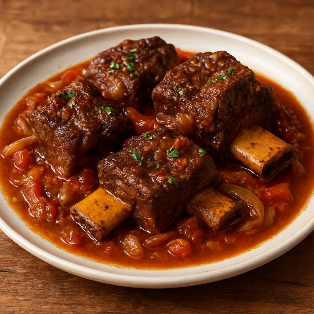 Entree: Zimbabwe – Northern Culinary Region – Mabhonzo Emombe (Slow-braised beef ribs in a savory onion and tomato sauce) recipe