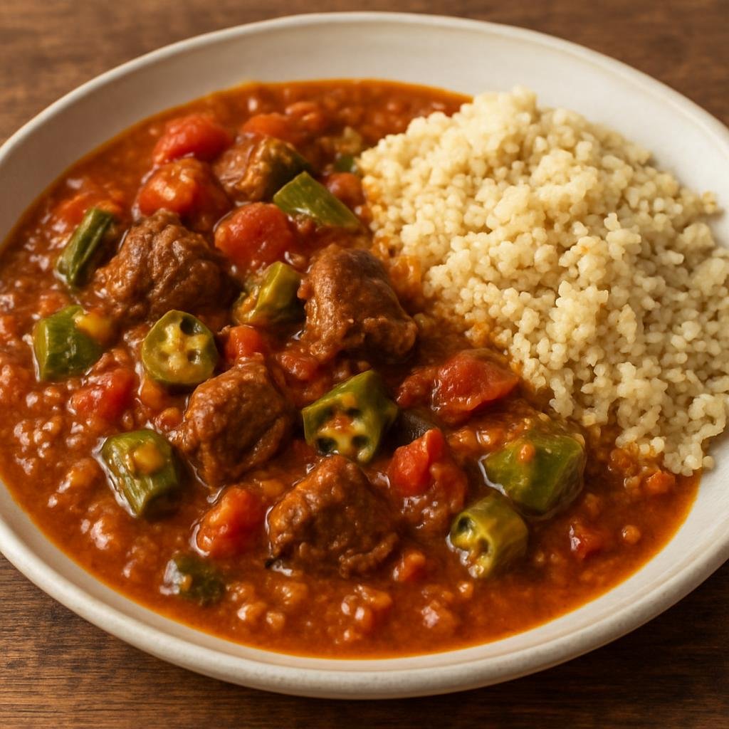Entree: Chad – Aiyash (Hearty Chadian peanut and beef stew slow-simmered with tomatoes and okra, served with millet or rice) recipe