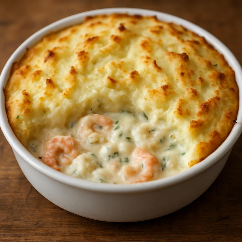 Entree: Falkland Islands (Malvinas) – Seafood Pie (Baked mixed local seafood in a creamy white sauce topped with mashed potato) recipe