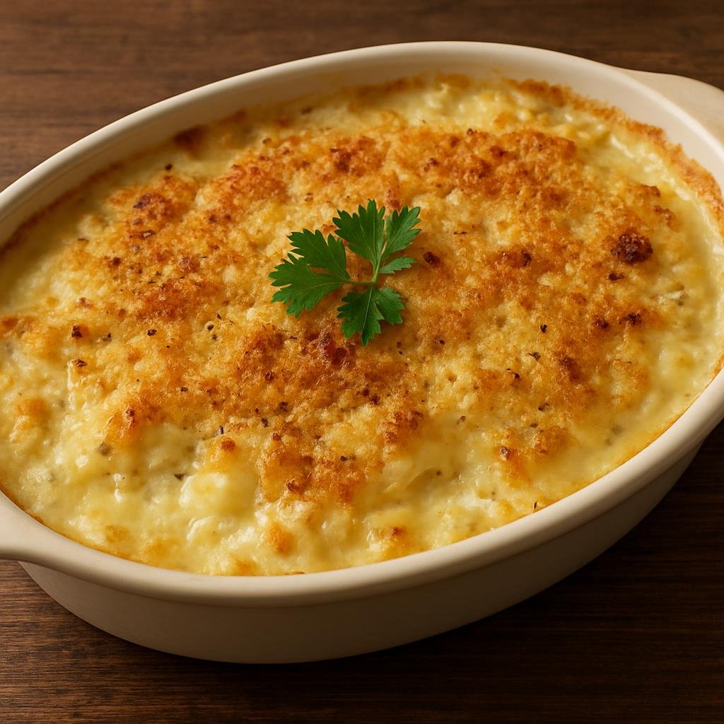 Entree: Canada – Atlantic Canada – Cod au Gratin (Baked Atlantic cod in a creamy cheese sauce topped with breadcrumbs) recipe