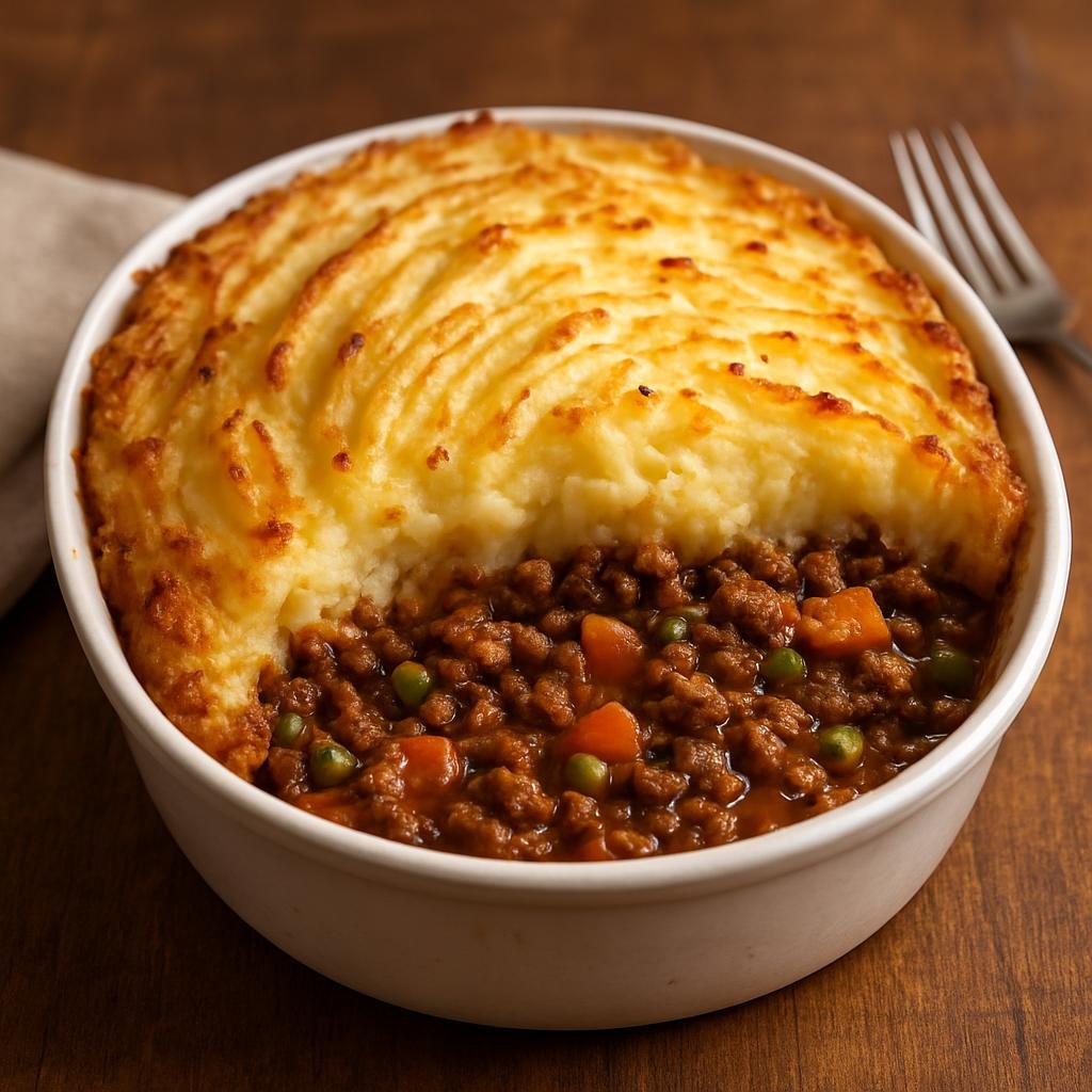 Entree: United Kingdom – British Pub Classics – Cottage Pie (Oven-baked minced beef and vegetable filling topped with mashed potato) recipe