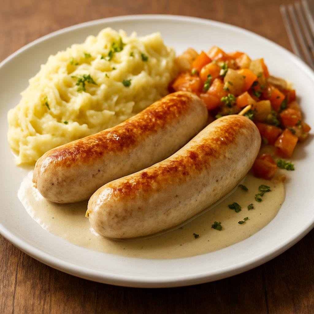 Entree: Belgium – Brussels – Boudin Blanc (A delicate white pork sausage made with milk, cream, and breadcrumbs, gently poached and pan-seared) recipe