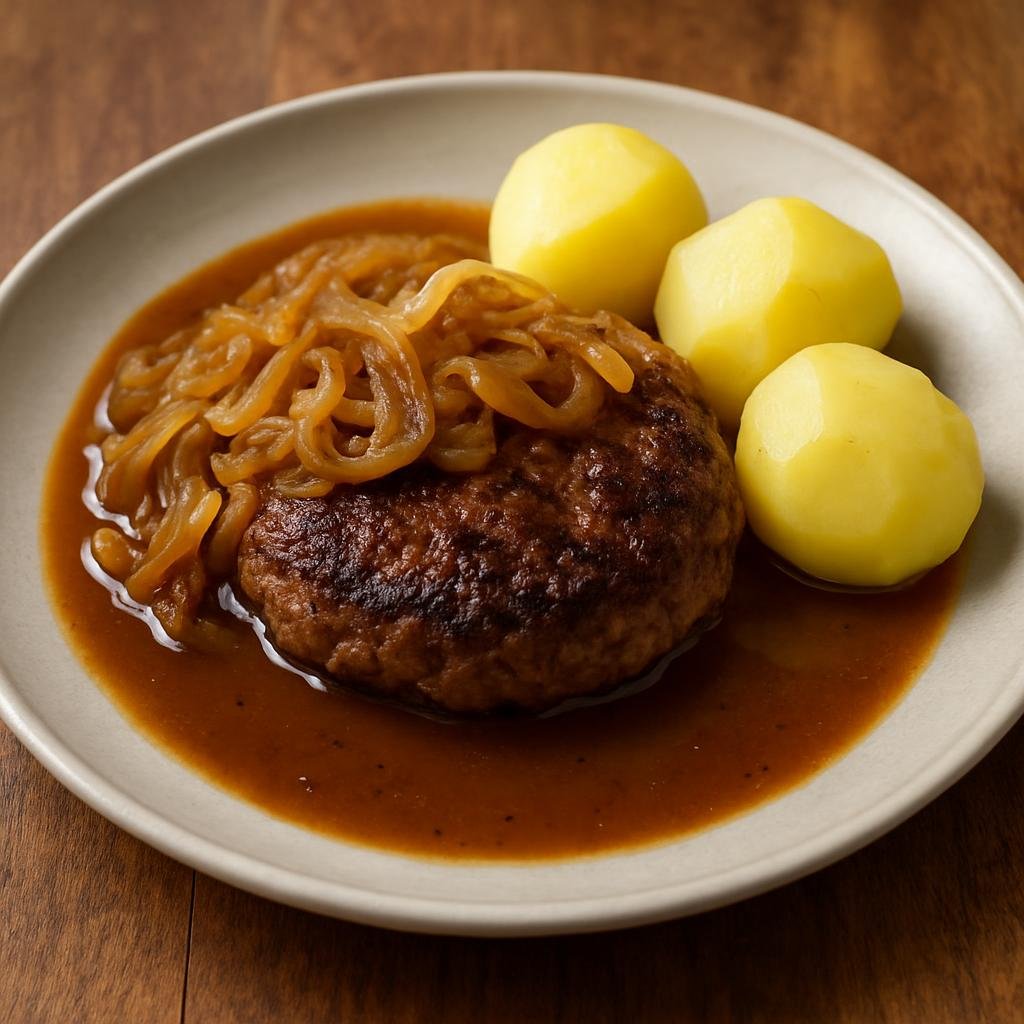 Entree: Denmark – Central Culinary Region – Hakkebøf med bløde løg (Pan-fried seasoned beef patties served with soft caramelized onions and a brown gravy) recipe