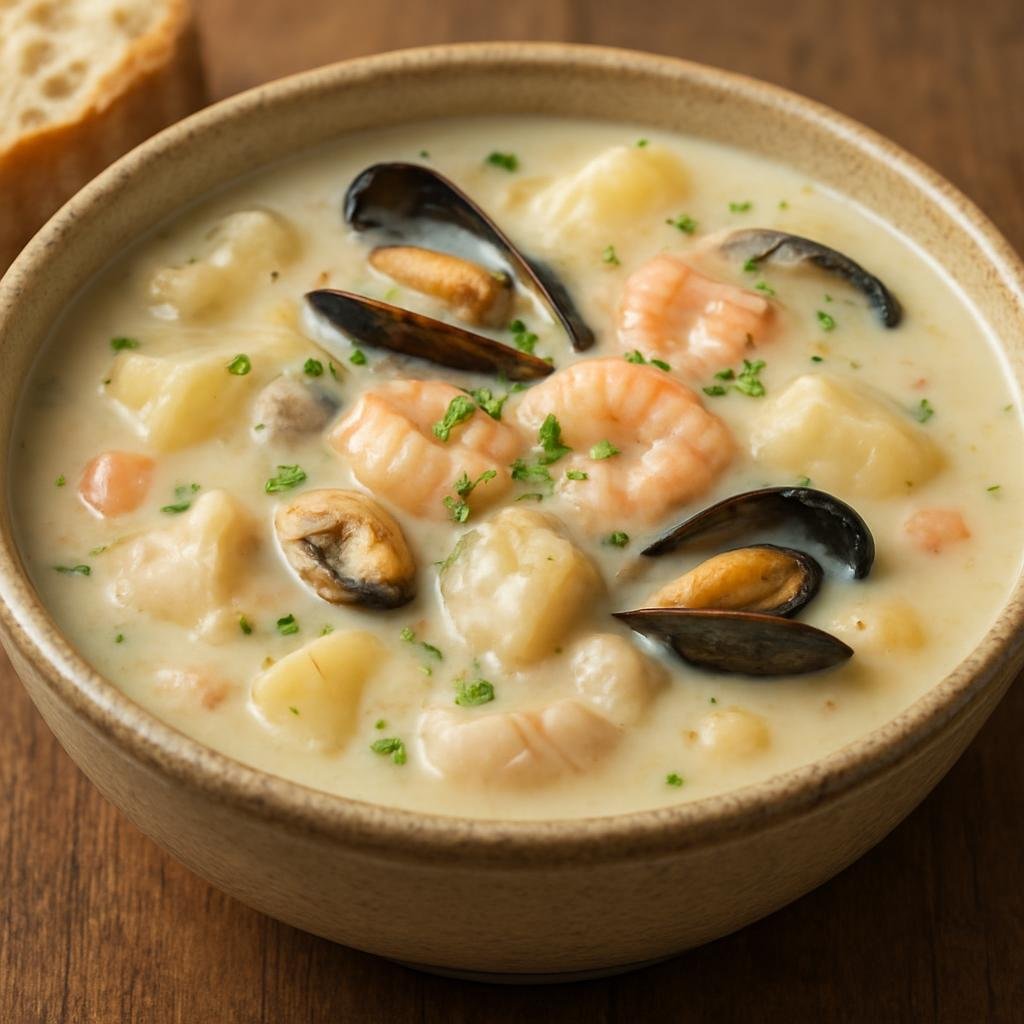 Entree: Ireland – Dublin & East – Seafood Chowder (Hearty creamy potato and milk-based soup with mixed Irish seafood) recipe