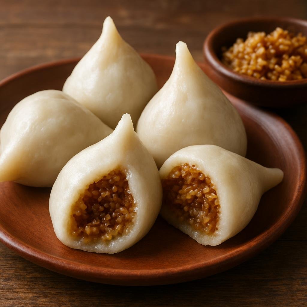 Entree: Nepal – Kathmandu Valley – योमरी ➤ Yomari (Steamed rice-flour dumplings filled with sweet jaggery and sesame, a traditional Newar festive dish) recipe