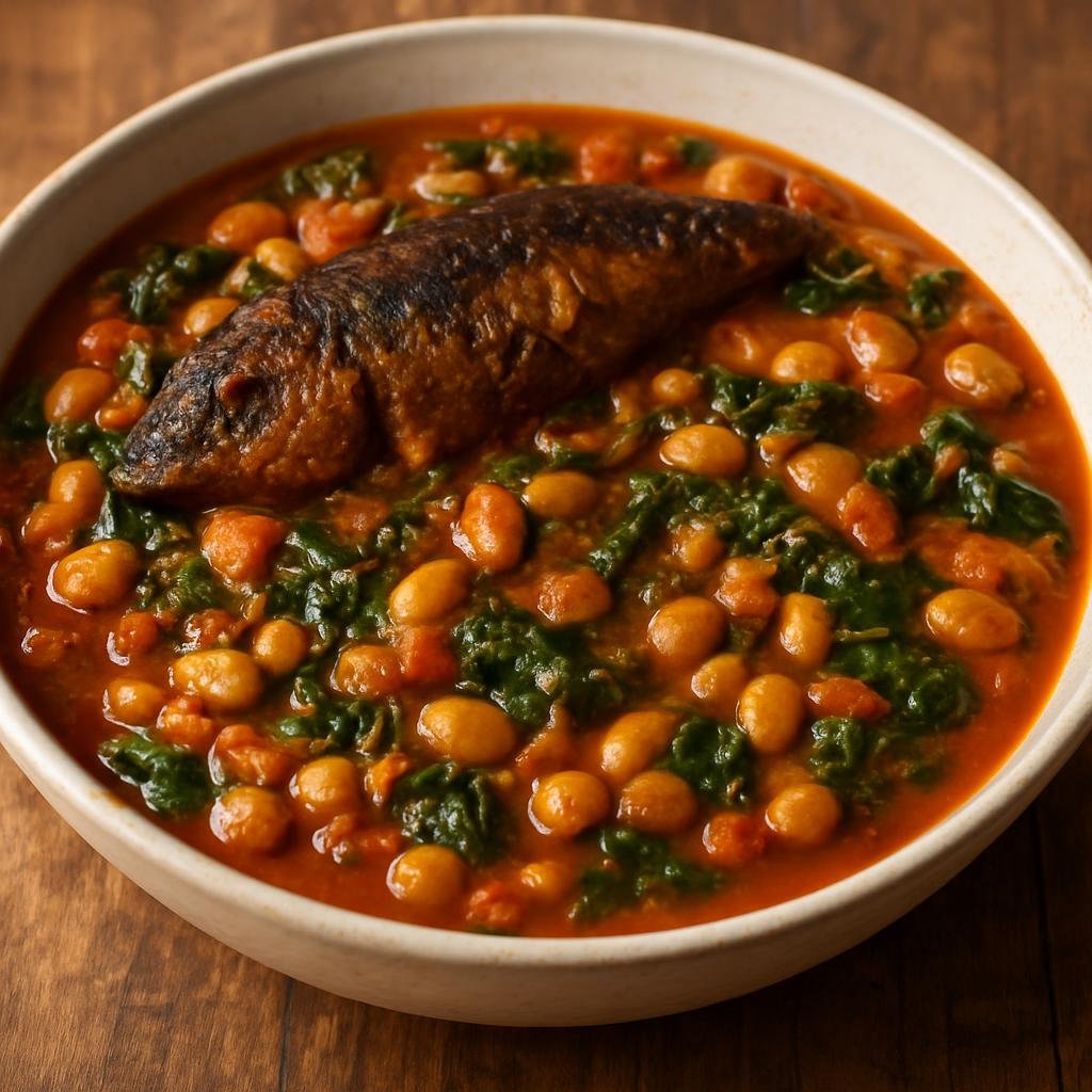 Entree: Central African Republic – National Cuisine – Bambara Groundnut Stew (Hearty Central African stew of Bambara groundnuts simmered with tomatoes, greens, and smoked fish or meat) recipe