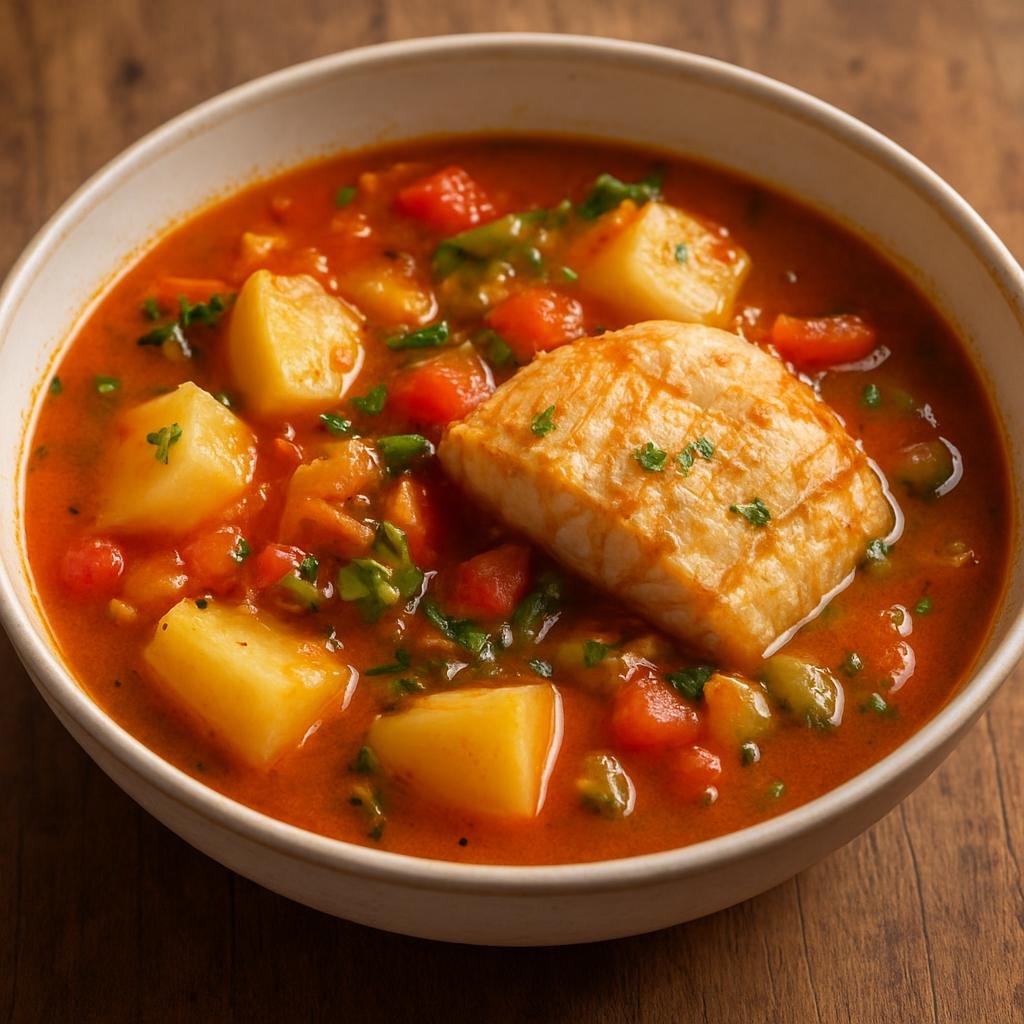 Entree: Equatorial Guinea – National Cuisine – Caldo de Pescado (Hearty coastal fish soup made with firm white fish, tomatoes, aromatic vegetables, and cassava) recipe