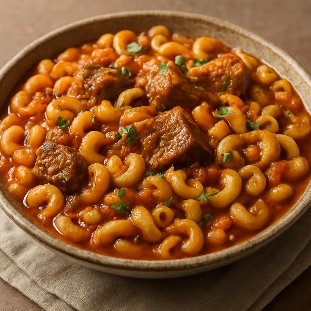 Entree: Tunisia – Sahel Coast – مكرونة ➤ Makrouna (Tunisian pasta simmered in a spiced tomato-and-lamb sauce) recipe