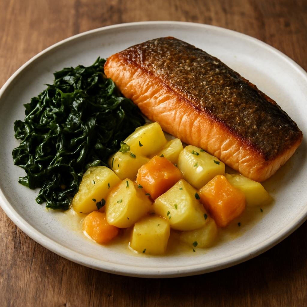 Entree: Greenland – Northern Culinary Region – Nipisa (Pan-seared Arctic char served with seaweed and buttered root vegetables) recipe