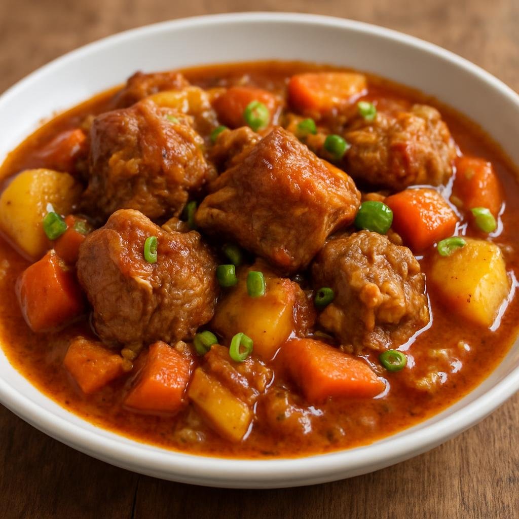 Entree: Guadeloupe – Northern Culinary Region – Ragoût de Cochon (Guadeloupean pork stew braised in a Creole-style savory-sour sauce with aromatics and root vegetables) recipe