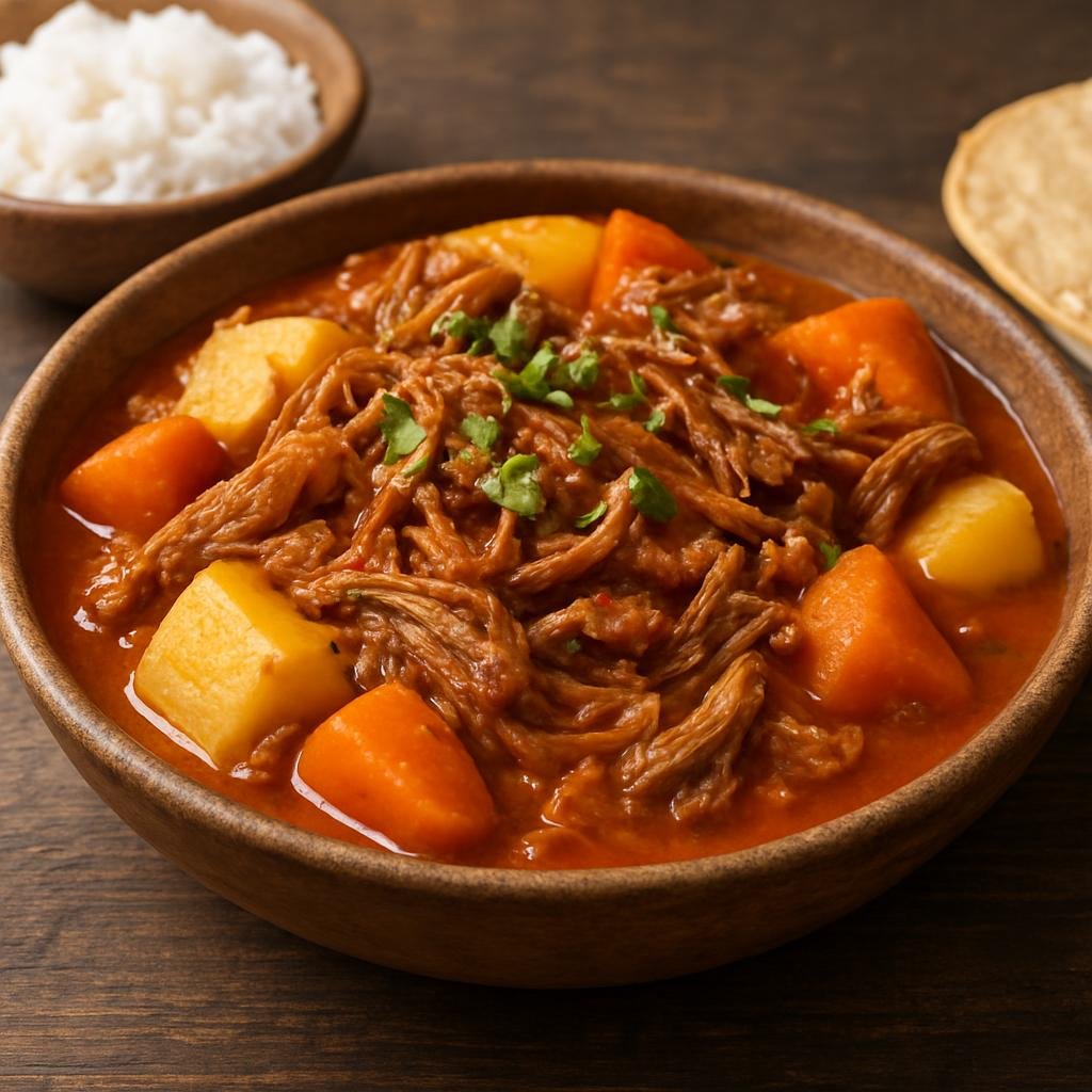 Entree: Guatemala – Northern Culinary Region – Hilachas (Shredded beef simmered in a tangy tomato-and-pepper sauce, often cooked with potatoes and carrots) recipe