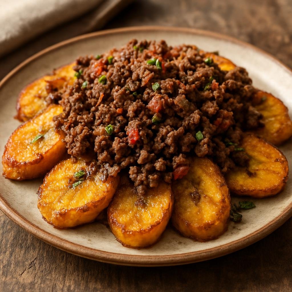 Entree: Honduras – Northern Culinary Region – Tajadas con Carne Molida (Sliced ripe fried plantains topped with seasoned ground beef) recipe