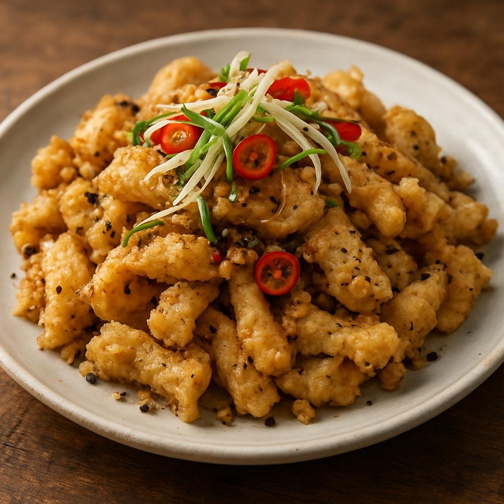 Entree: Hong Kong – Northern Culinary Region – 椒鹽魷魚 ➤ Jiāoyán yóuyú (Crispy fried squid tossed with salt, white pepper, and aromatics) recipe