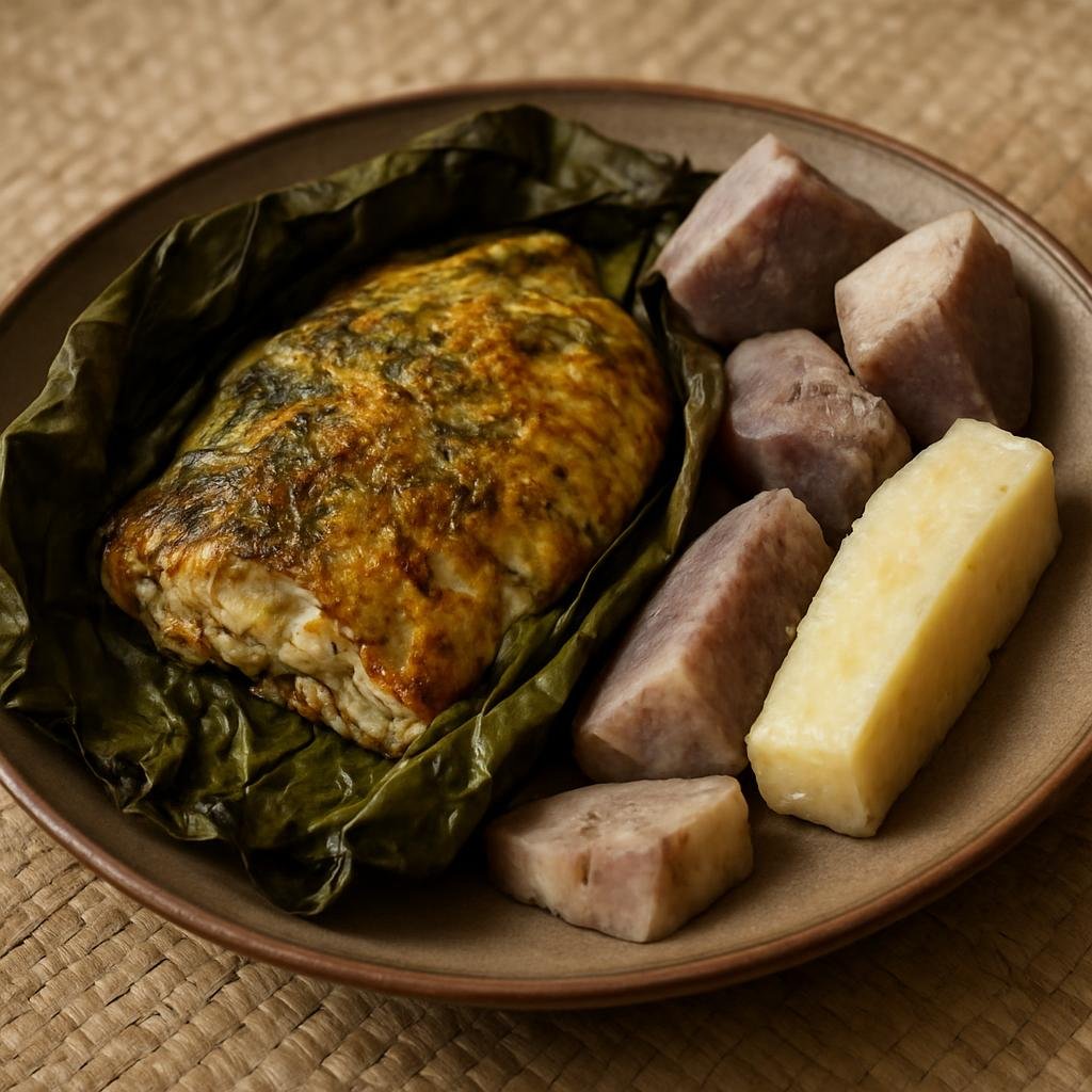 Entree: Kiribati – Northern Culinary Region – Te Bua Toro Ni Kainikama (Coconut-baked reef fish wrapped in leaves, served with starchy island roots) recipe