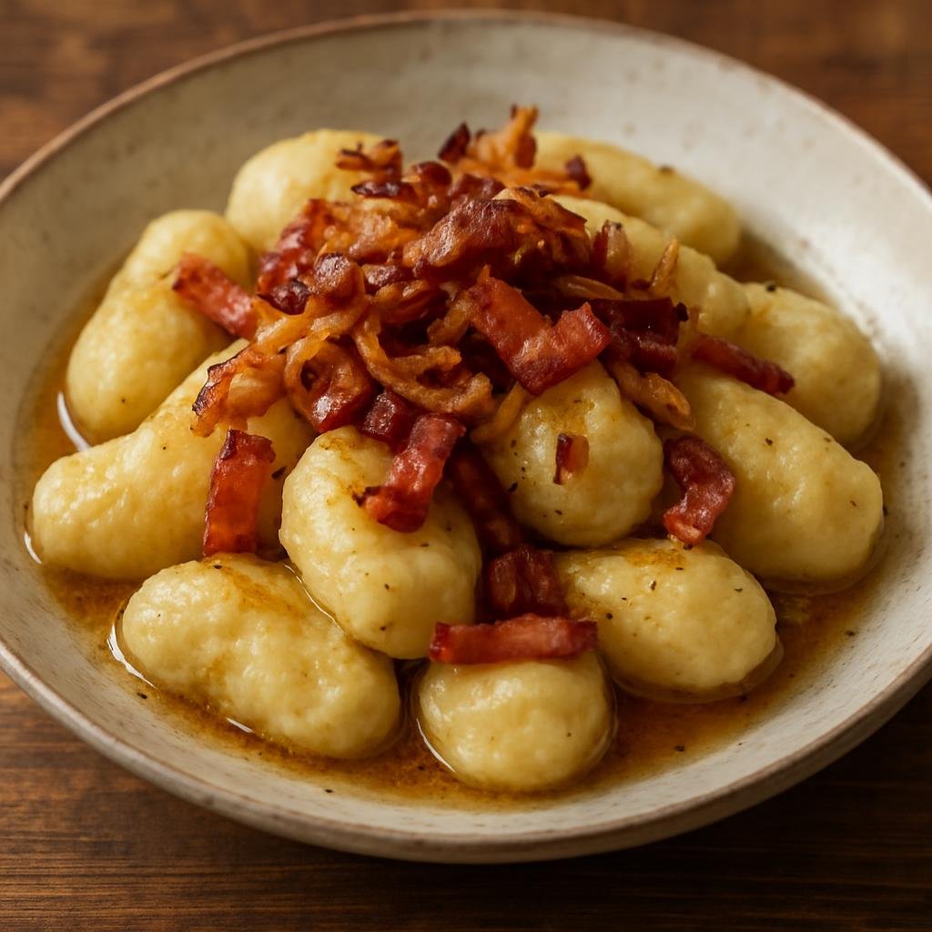 Entree: Luxembourg – Northern Culinary Region – Kniddelen (Boiled potato-and-flour dumplings traditionally served with browned butter and crispy bacon or fried onions) recipe