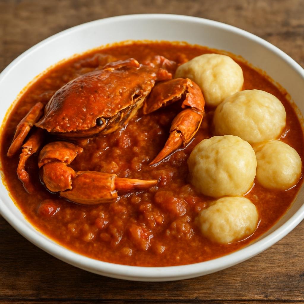 Entree: Trinidad and Tobago – Northern Culinary Region – Crab and Dumplings (Stewed Caribbean blue crab in a spiced tomato-coconut gravy served with boiled flour dumplings) recipe
