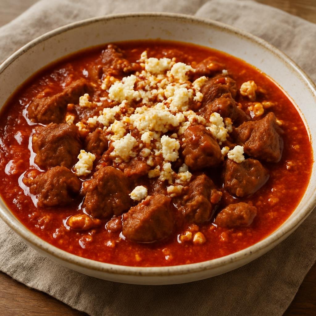 Entree: Turkmenistan – Northern Culinary Region – Gyzyl Gurt (Hearty Turkmen lamb stew finished with crumbled dried-yogurt curds and a spiced red tomato base) recipe