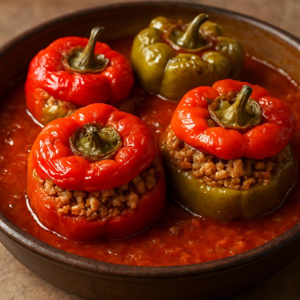Entree: Albania – Central Culinary Region – Speca të Mbushura (Bell peppers stuffed with seasoned rice and ground meat baked in tomato sauce) recipe