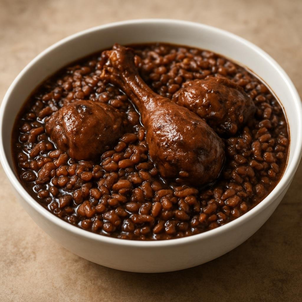 Entree: Angola – Central Culinary Region – Cabidela (Traditional Angolan chicken and rice cooked with the bird’s blood to form a deeply savory, brown-flavored rice dish) recipe