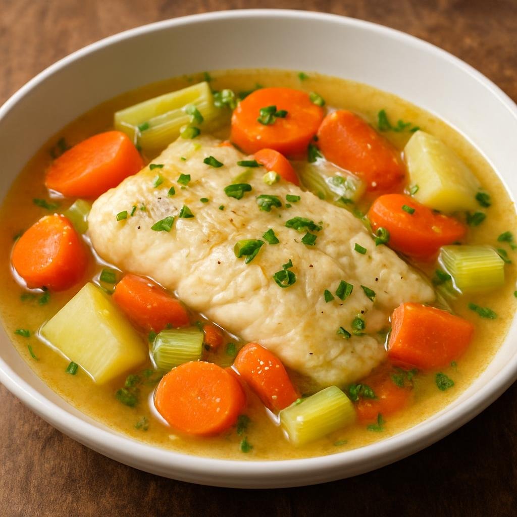 Entree: Bahamas – Central Culinary Region – Bahamian Boiled Fish (Gently poached seasoned island fish cooked with vegetables in a light, brothy stew) recipe