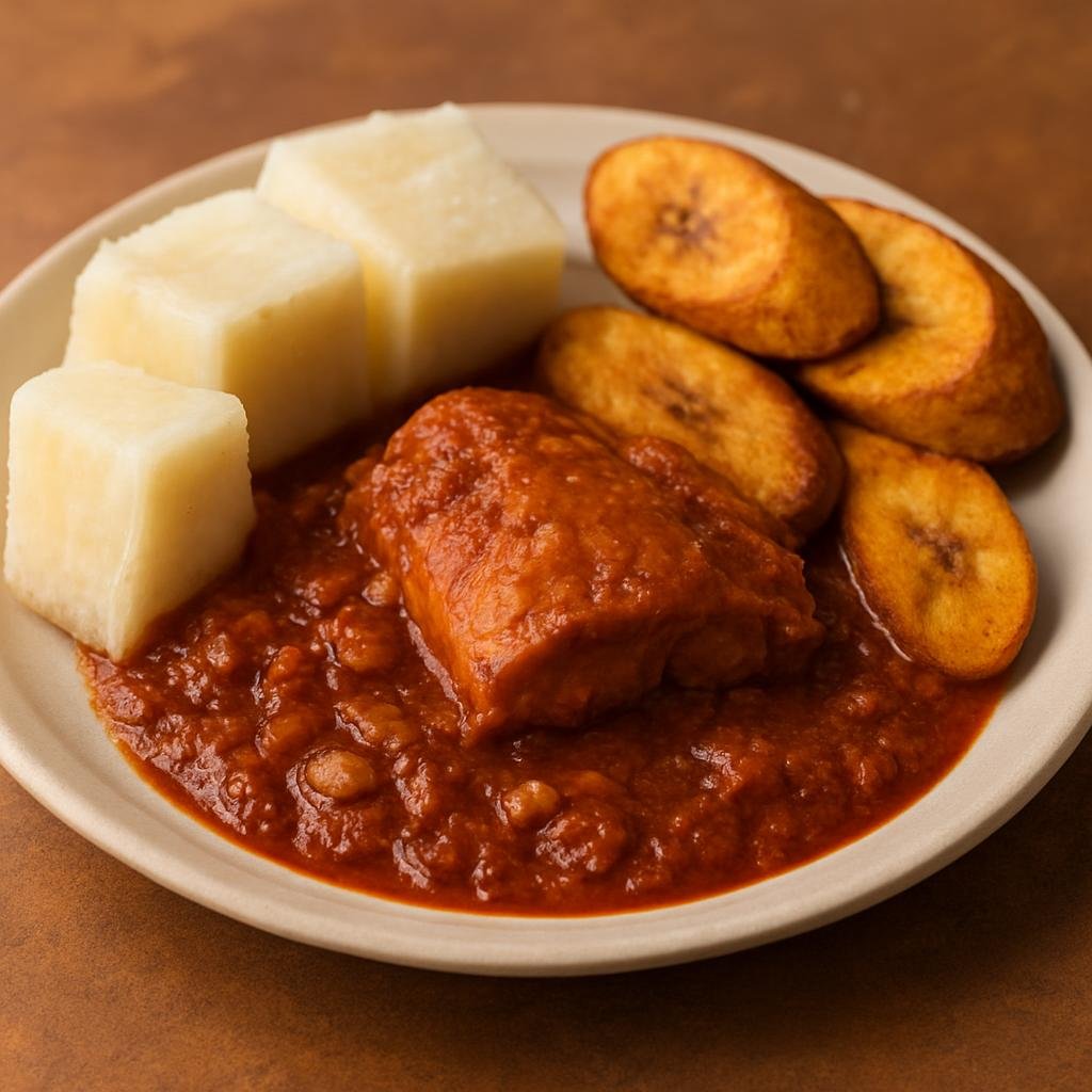 Entree: Benin – Central Culinary Region – Aklui (Hearty Beninese palm-oil and peanut fish stew served with yam and plantain) recipe