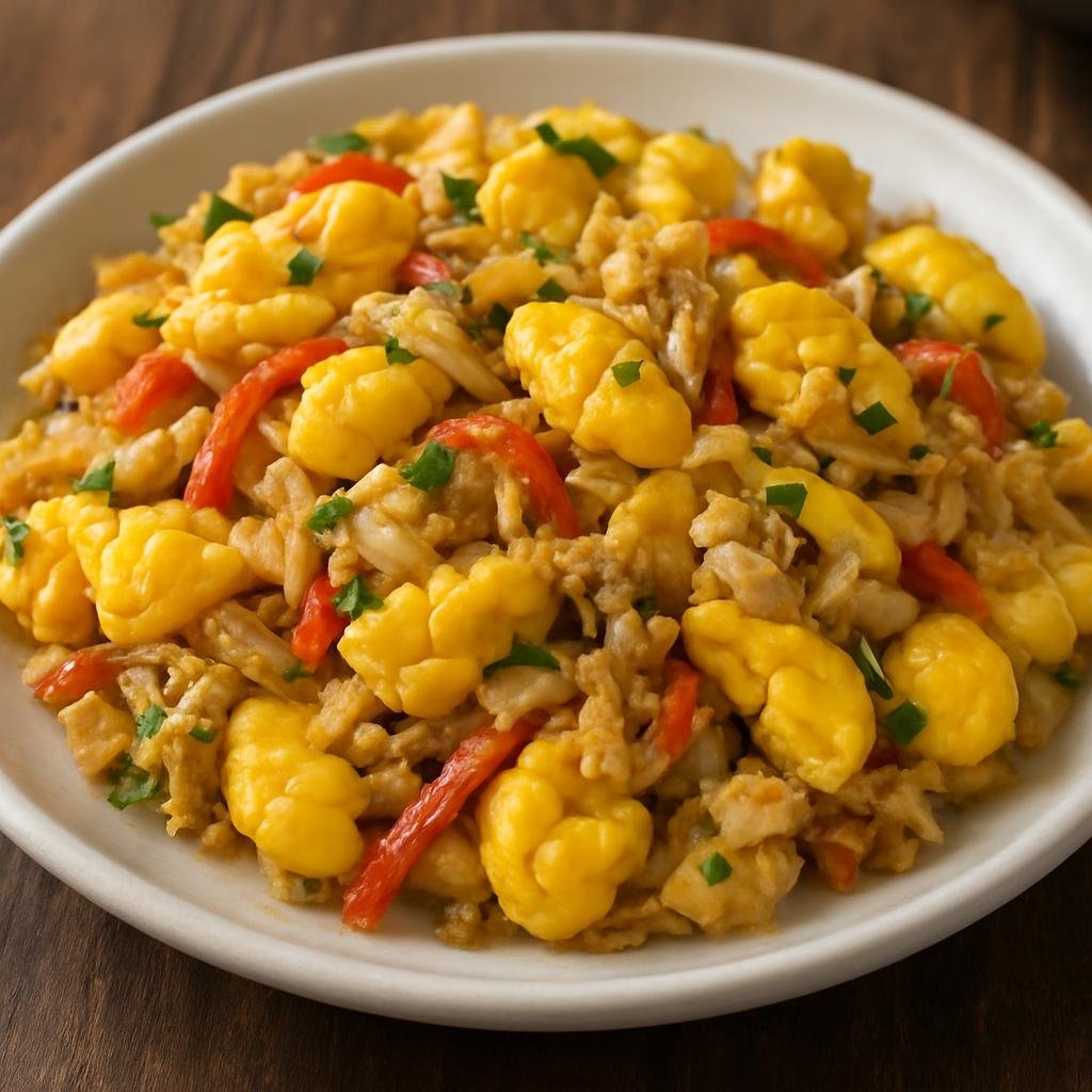 Entree: Cayman Islands – Central Culinary Region – Ackee and Saltfish (Savory sauté of buttery ackee fruit combined with rehydrated salted cod and aromatics) recipe