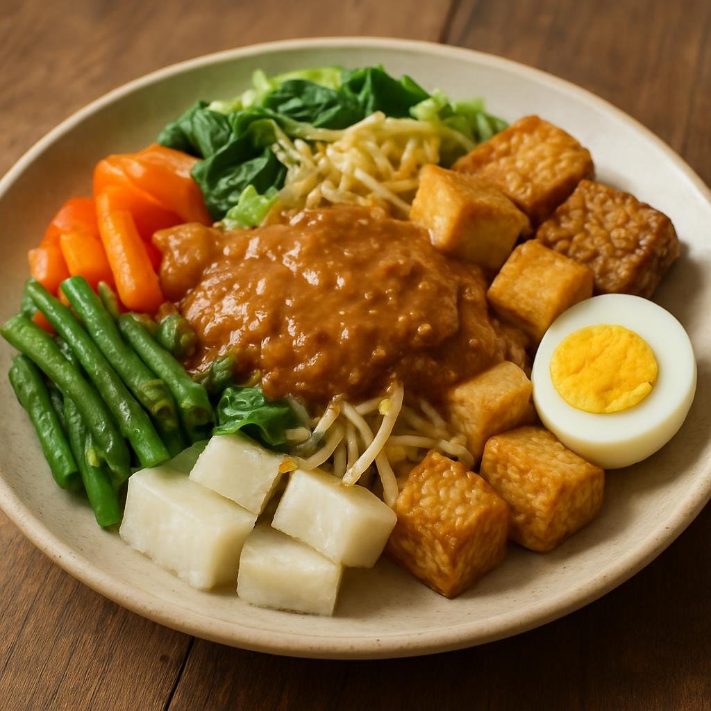 Entree: Cocos (Keeling) Islands – Gado-Gado (Indonesian-style mixed cooked vegetables, tofu, tempeh and eggs served with a savory peanut sauce and rice or lontong) recipe