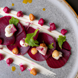 Appetizer: United States – Thinly Sliced Smoked Beets with Horseradish Cream and Hazelnut Herb Garnish recipe