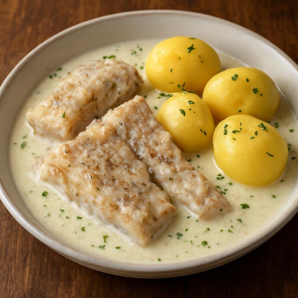 Entree: Faroe Islands – Turrur fiskur (Traditional Faroese air-dried salted fish prepared and served rehydrated in a simple milk-butter sauce with potatoes) recipe