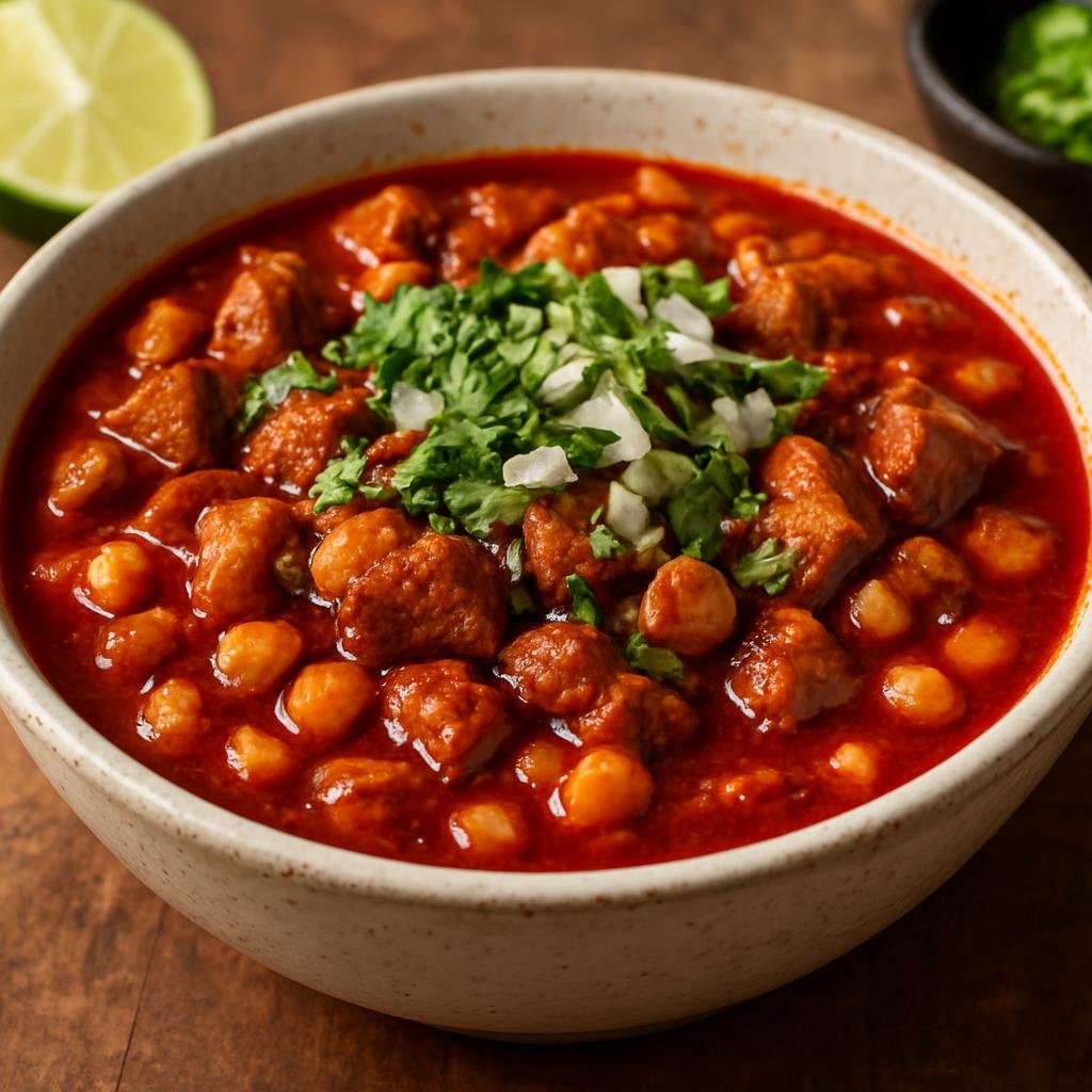 Entree: Mexico – Central Highlands – Pozole Rojo (Traditional red-chile pork and hominy stew from Mexico made with rehydrated dried chiles and aromatic seasonings) recipe