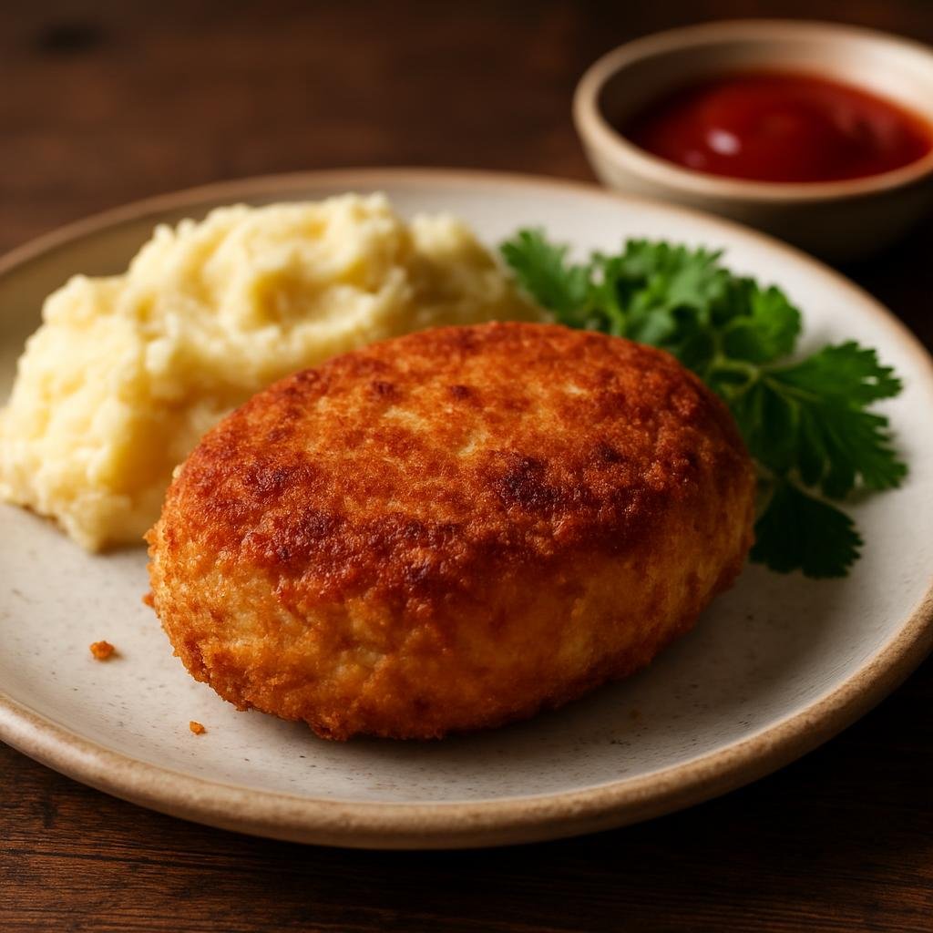 Entree: Russia – Bashkir & Ural Region – Уральская пожарская котлета ➤ Uralskaya Pozharskaya kotleta (Butter-enriched breaded minced-meat cutlet fried until golden) recipe