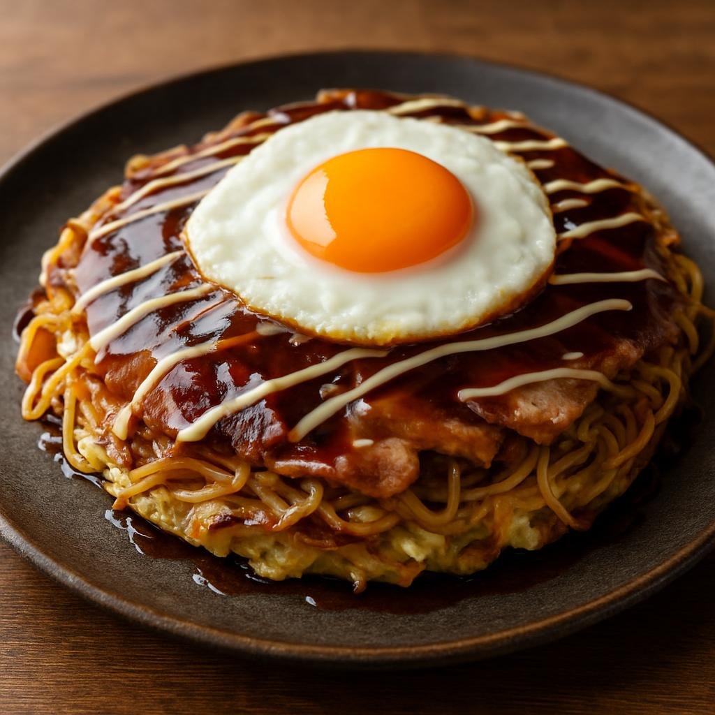 Entree: Japan – Chugoku – 広島焼き ➤ Hiroshima-yaki (Hiroshima-style layered savory pancake of batter, cabbage, noodles, pork, and egg topped with savory sauces) recipe