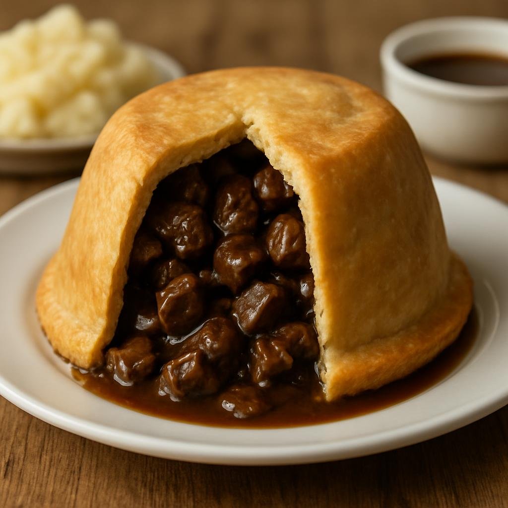 Entree: United Kingdom – British Pub Classics – Steak and Kidney Pudding (Traditional British suet pastry pudding filled with diced beef and kidneys cooked in a rich gravy) recipe