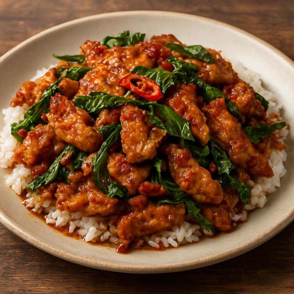 Entree: Thailand – Central Thailand – หมูผัดพริกเผา ➤ Moo Pad Prik Pao (Stir-fried sliced pork with Thai roasted chili paste, sweet-salty seasonings, and basil) recipe