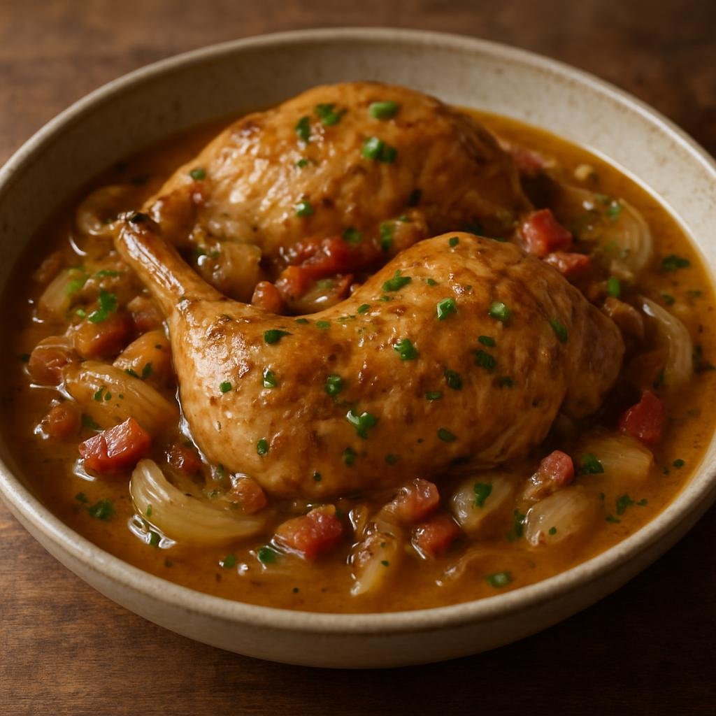 Entree: Belgium – Brussels – Lapin à la Gueuze (Rabbit braised in Gueuze lambic beer with onions, bacon, and herbs) recipe