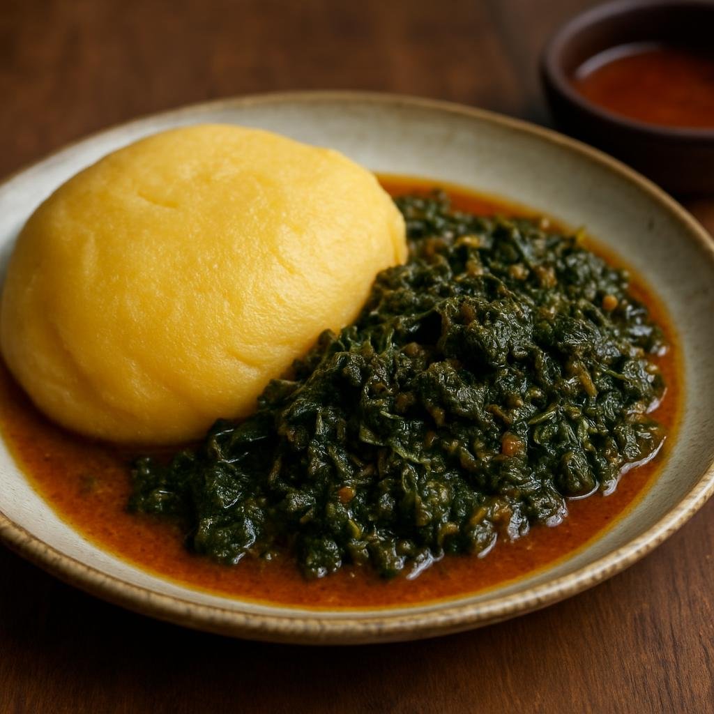 Entree: Cameroon – National Cuisine – Fufu Corn and Njama Njama (corn dough with stewed amaranth greens) recipe