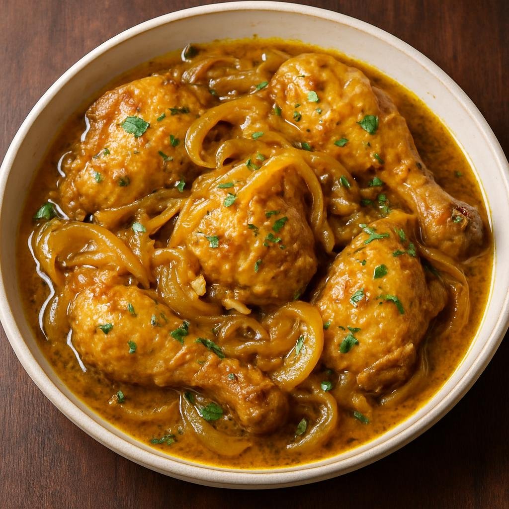 Entree: Central African Republic – National Cuisine – Poulet Yassa (Marinated and braised chicken in a tangy lemon and caramelized onion mustard sauce) recipe