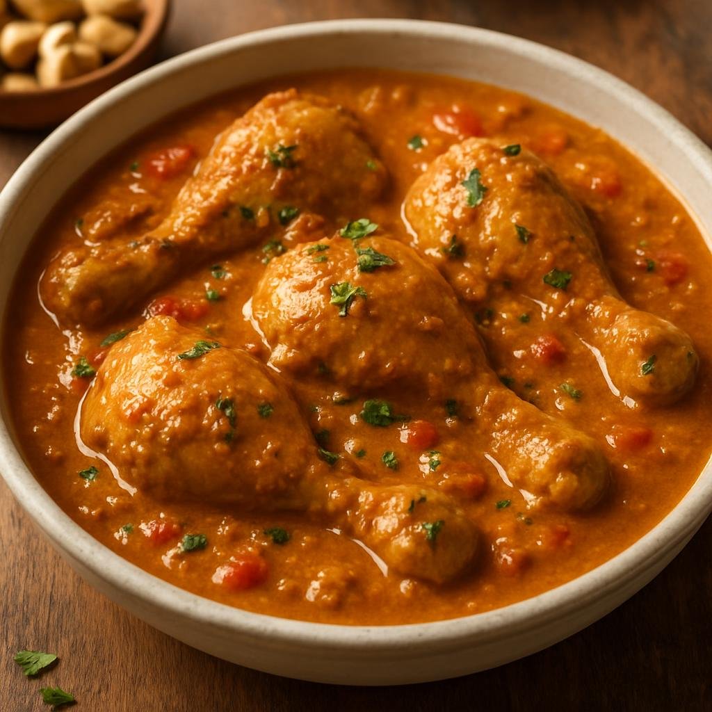 Entree: Equatorial Guinea – National Cuisine – Pollo con Salsa de Cacahuete (Chicken simmered in a rich, savory peanut sauce with tomatoes and warm spices) recipe