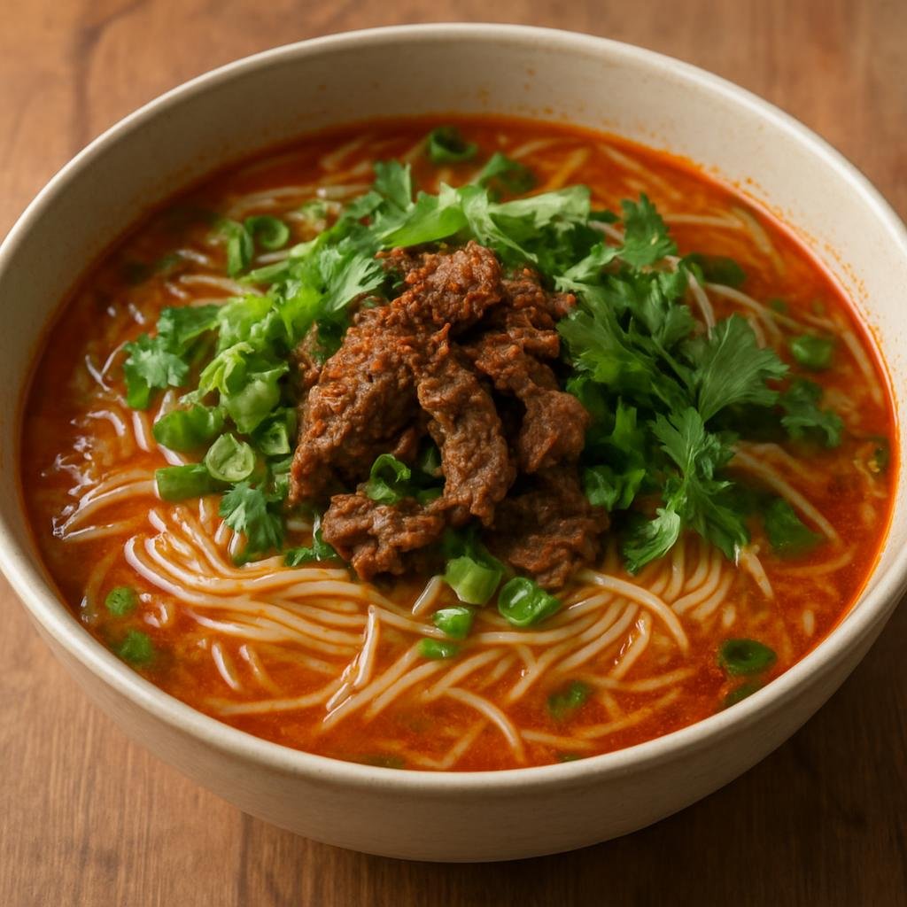 Entree: Laos – Luang Prabang / Northern Laos – ເຂົ້າປູ່ນ ນໍ້າເຈົ້າ ➤ Khao Poon Nam Jeow (Northern Lao rice vermicelli soup in a spicy tangy meat broth with fresh herbs) recipe