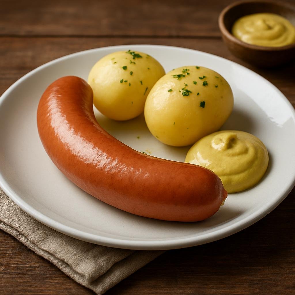 Entree: Switzerland – French Swiss – Saucisson Vaudois (A large cooked pork sausage from the canton of Vaud traditionally simmered and served with boiled potatoes and mustard) recipe