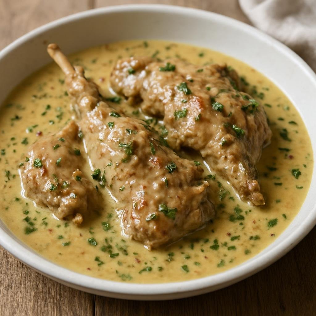 Entree: Luxembourg – Northern Culinary Region – Huesenziwwi (Slow-braised rabbit in a white wine and mustard sauce with local herbs) recipe