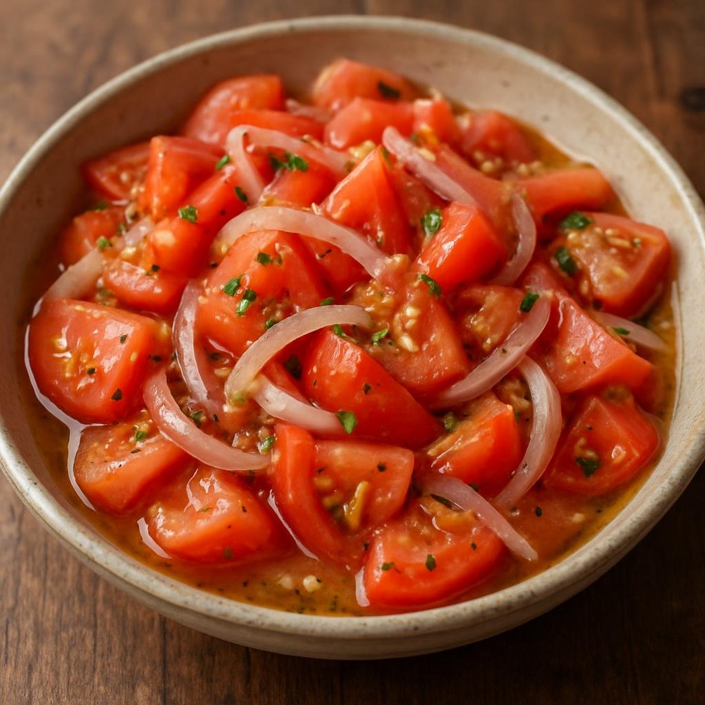Entree: Madagascar – Northern Culinary Region – Lasary Voatabia (Northern Malagasy tomato and onion salad dressed with vinegar and oil) recipe