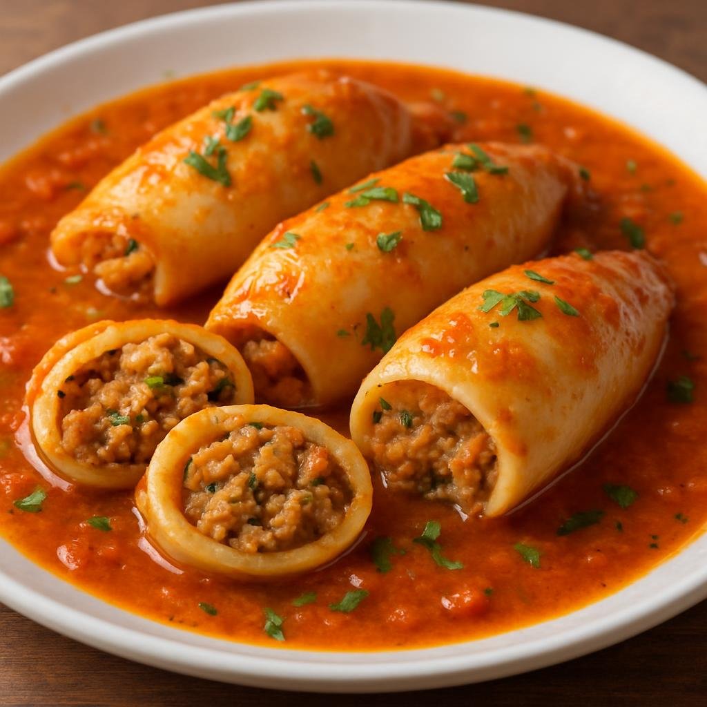 Entree: New Caledonia – Northern Culinary Region – Stuffed Squid (Squid tubes filled with a savory seafood and breadcrumb mixture cooked in a lightly spiced coconut-tomato sauce) recipe